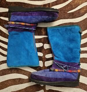 Vintage 90s Shearling Native Eskimo Boots Southwestern Leather Teal Vibram Sole